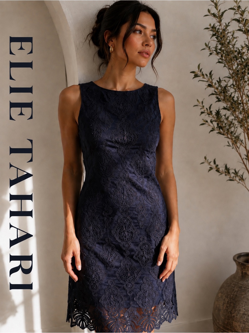 Elie Tahari Navy Blue Embroidered Eyelet Lace Satin Cocktail Dress